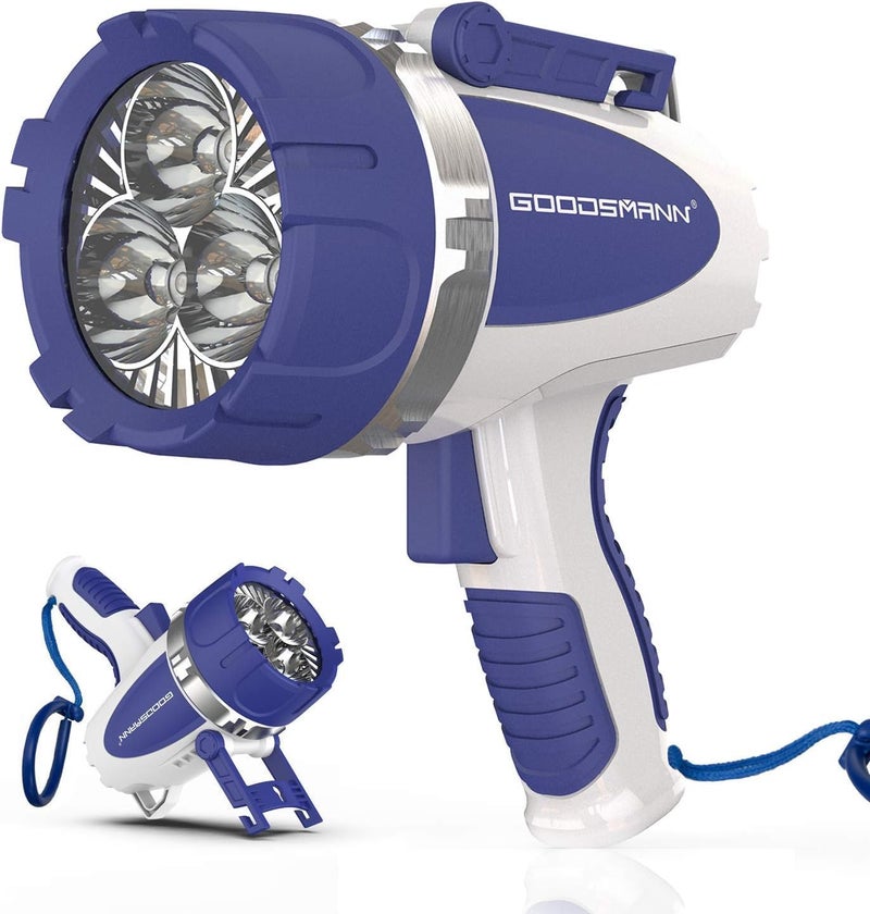 GOODSMANN Rechargeable Handheld Spotlight LED Boat Waterproof Spot Light Searchlight up to 3000 Lumen Portable Marine Flashlight with USB Adapter Car Charger Dust Bag for Hunting Camping Exploring - Image 1